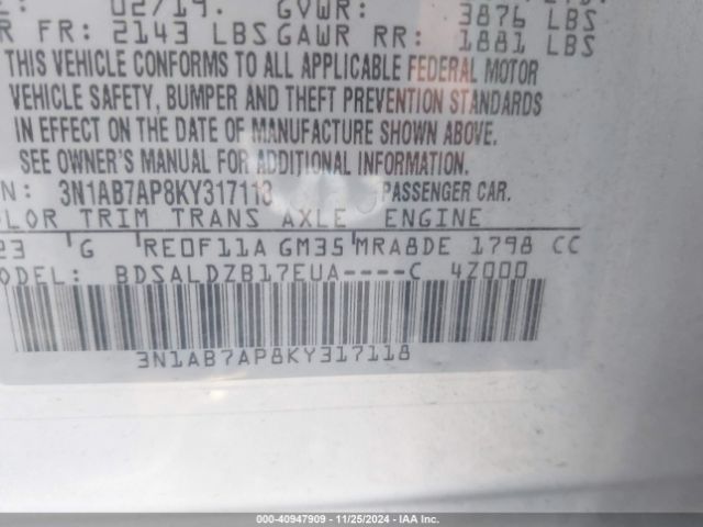 3N1AB7AP8KY317118 Nissan SENTRA SV