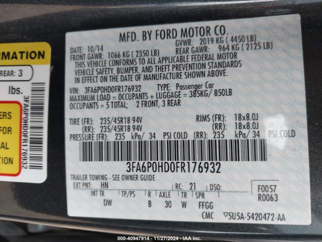3FA6P0HD0FR176932 Ford FUSION SE