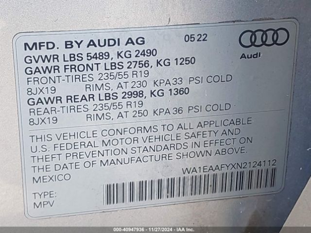 WA1EAAFYXN2124112 Audi Q5 Premium Plus 45 Tfsi S Line Quattro S Tronic