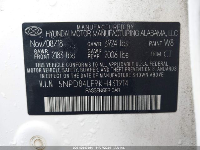 5NPD84LF9KH431914 Hyundai ELANTRA SEL
