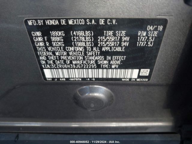 3CZRU6H39JG722295 Honda HR-V LX