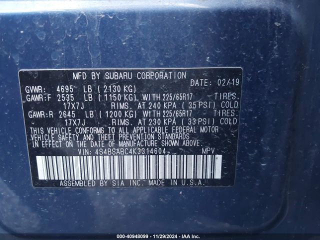 4S4BSABC4K3314604 Subaru Outback 2.5i
