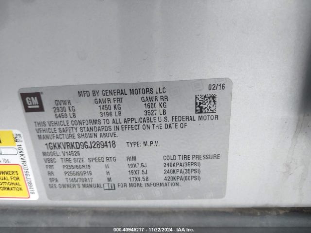 1GKKVRKD9GJ289418 GMC Acadia Slt-1