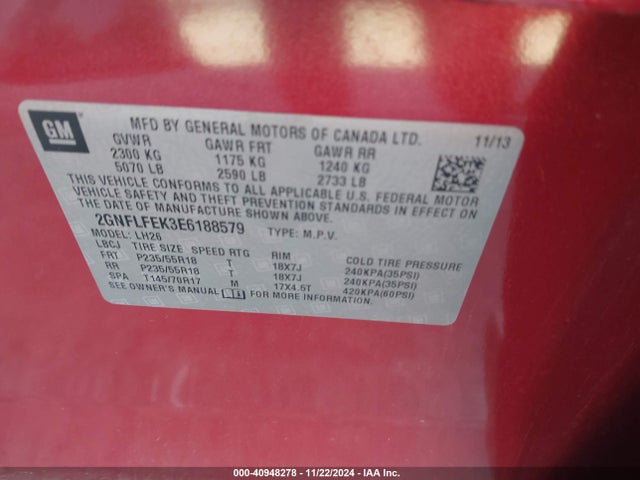 Chevrolet EQUINOX 1LT 2014 2GNFLFEK3E6188579 Image 9
