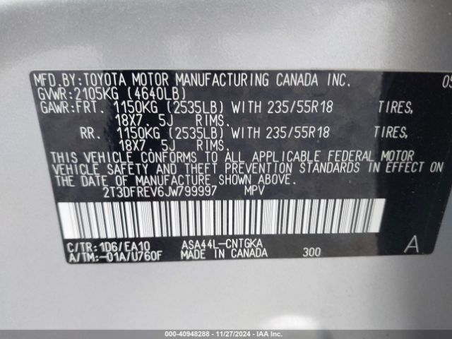 2T3DFREV6JW799997 Toyota Rav4 Limited/se/platinum