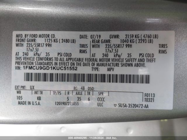 1FMCU9GD1KUC51552 Ford ESCAPE SE