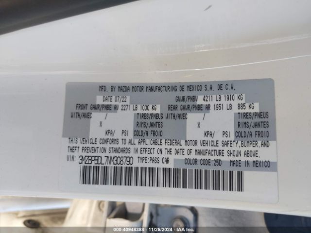 3MZBPBDL7NM308790 Mazda Mazda3 Premium