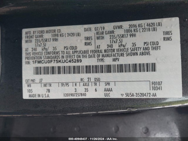 1FMCU0F75KUC45289 Ford ESCAPE S