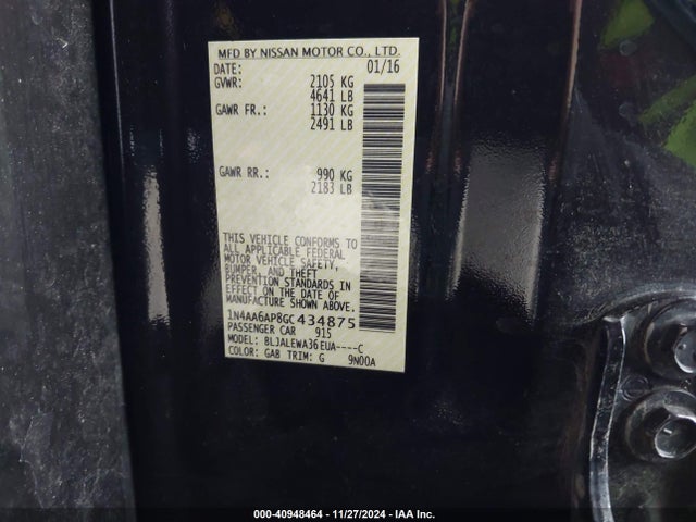 Nissan Maxima 3.5 Sl 2016 1N4AA6AP8GC434875 Image 9