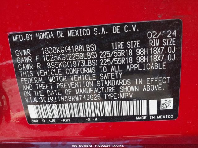 3CZRZ1H58RM743626 Honda Hr-v 2wd Sport/2wd Sport W/o Bsi
