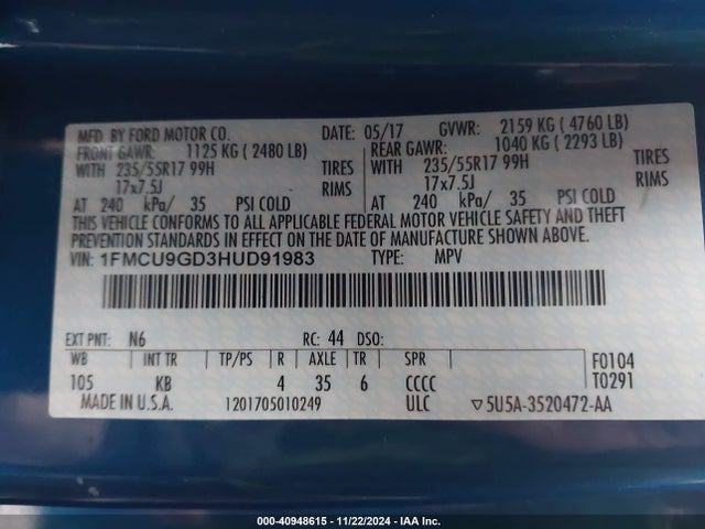 Ford ESCAPE SE 2017 1FMCU9GD3HUD91983 Image 9