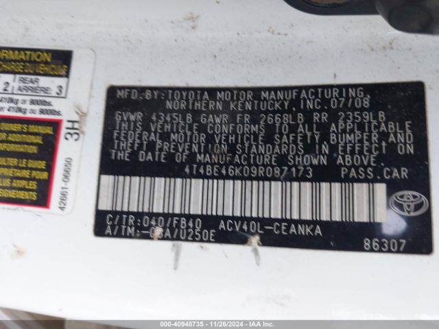 2009 TOYOTA CAMRY 4T4BE46K09R087173 Photo 8