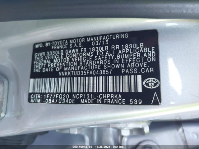 VNKKTUD35FA043657 Toyota YARIS L