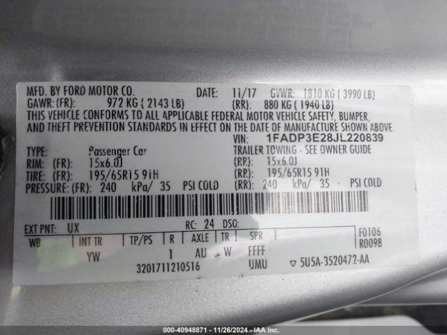 1FADP3E28JL220839 Ford FOCUS S