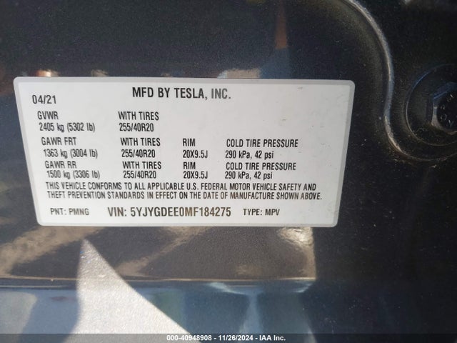 2021 TESLA MODEL Y 5YJYGDEE0MF184275 Photo 8