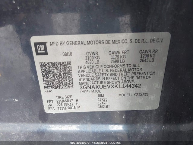 3GNAXUEVXKL144342 Chevrolet EQUINOX LT