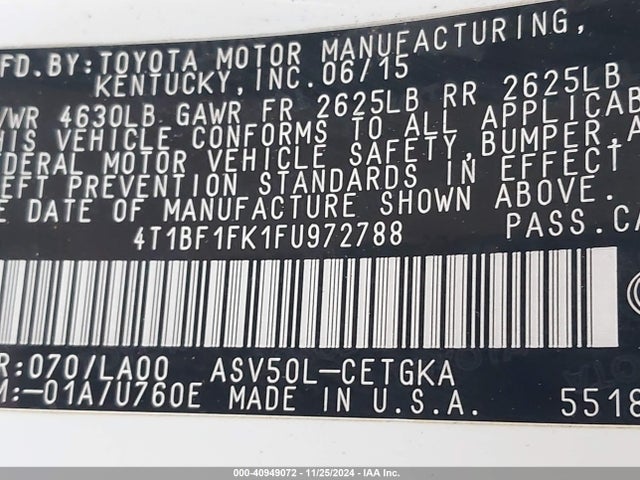Toyota CAMRY XLE 2015 4T1BF1FK1FU972788 Image 9