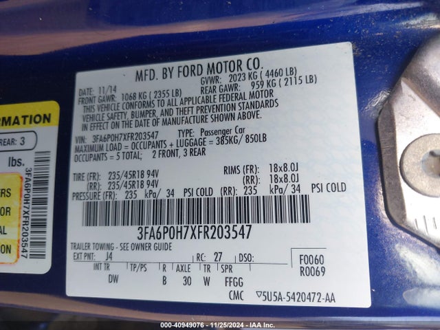 Ford FUSION SE 2015 3FA6P0H7XFR203547 Image 9