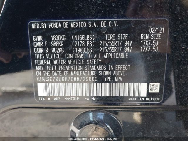 3CZRU6H70MM729600 Honda Hr-v Awd Ex-l