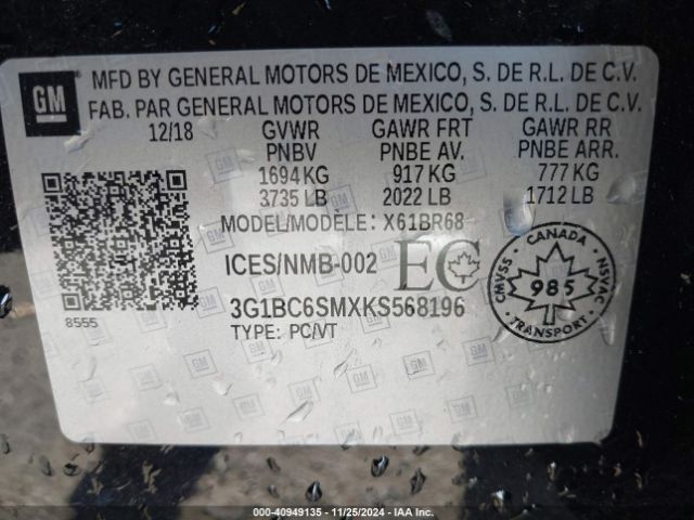3G1BC6SMXKS568196 Chevrolet CRUZE LS