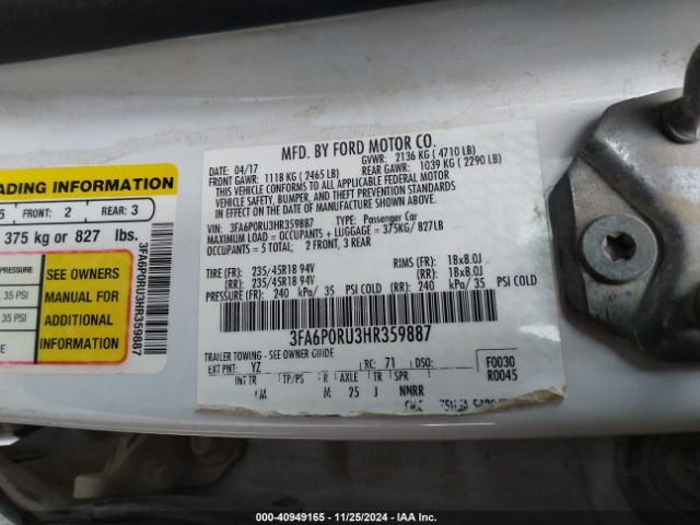 3FA6P0RU3HR359887 Ford Fusion Hybrid Titanium