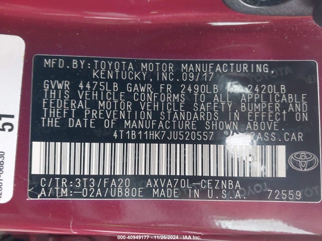 4T1B11HK7JU520557 Toyota CAMRY LE