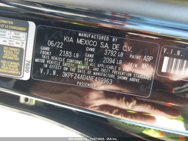3KPF24AD4NE499963 KIA FORTE FE