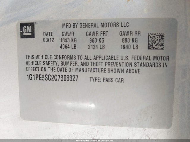 2012 Chevrolet Cruze Lt მანქანა იყიდება აუქციონზე, vin: 1G1PE5SC2C7308327, აუქციონის ნომერი: 40949293
