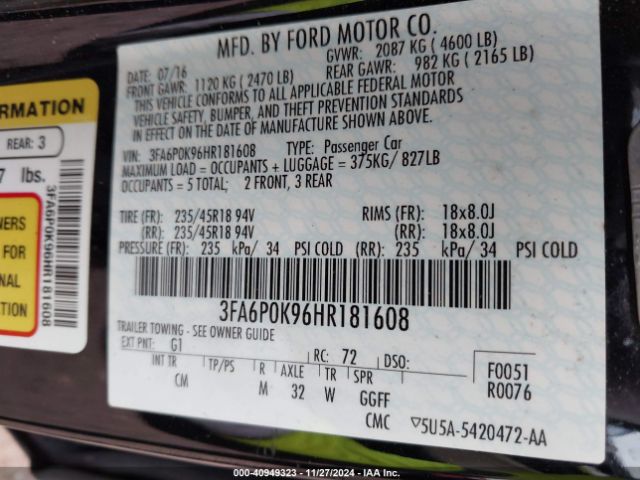 2017 FORD FUSION 3FA6P0K96HR181608 Photo 8