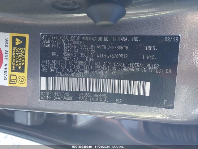 5TDJZRFHXJS912757 Toyota Highlander Xle