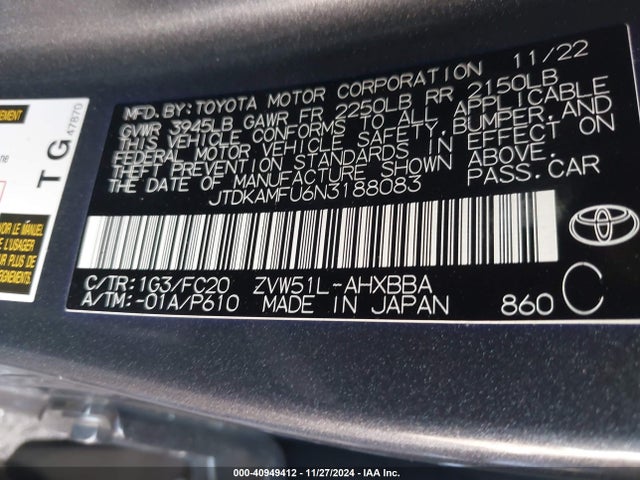 Toyota Prius L 2022 JTDKAMFU6N3188083 Image 9