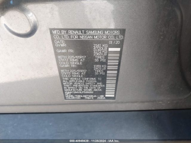 KNMAT2MVXLP539282 Nissan Rogue Sv Intelligent Awd