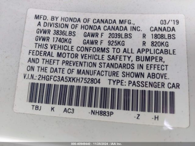 2HGFC3A5XKH752804 Honda CIVIC SI