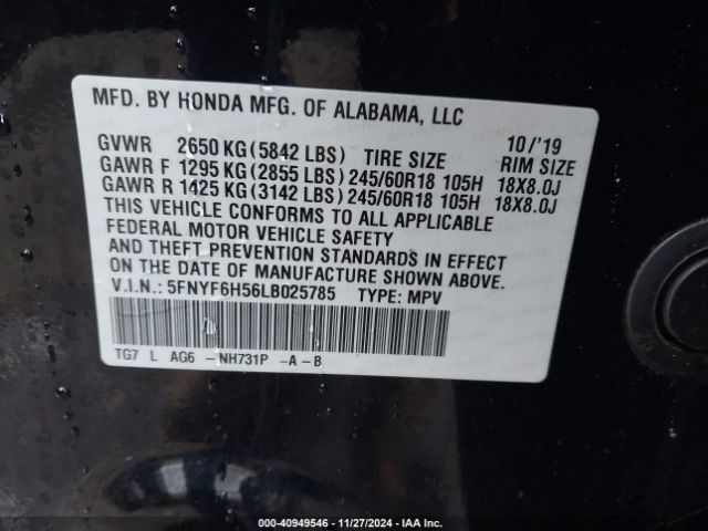 5FNYF6H56LB025785 Honda Pilot Awd Ex-l