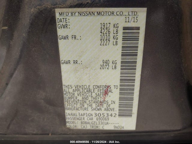 Nissan Altima 2.5 S 2016 1N4AL3AP1GN305342 Image 9