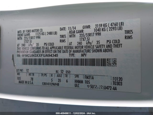 Ford ESCAPE SE 2015 1FMCU9GXXFUA94345 Image 9