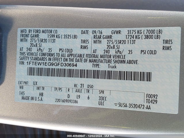Ford F-150 Lariat 2016 1FTEW1EG9GFD30694 Image 9