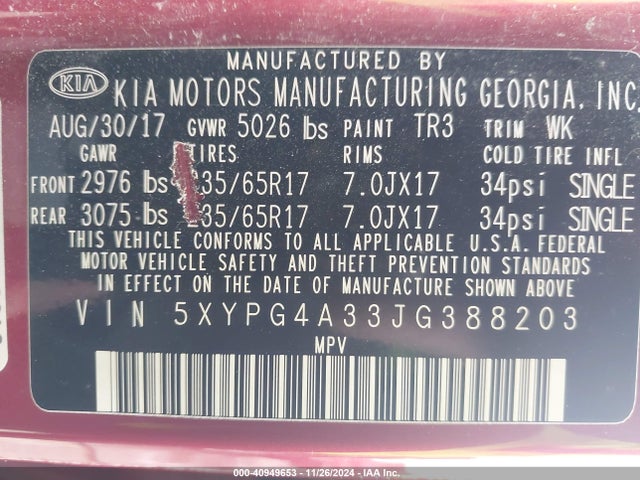 KIA Sorento 2.4l Lx 2018 5XYPG4A33JG388203 Image 9