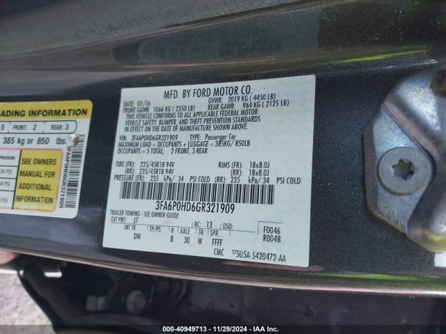 Ford FUSION SE 2016 3FA6P0HD6GR321909 Image 9