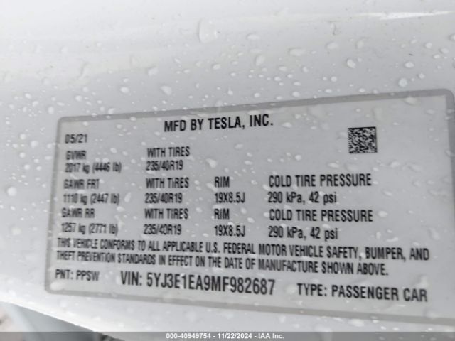 5YJ3E1EA9MF982687 Tesla Model 3 Standard Range Plus Rear-wheel Drive