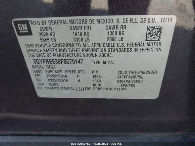 3GYFNEE38FS579147 Cadillac Srx Luxury Collection