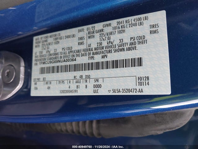 Ford ESCAPE SE 2022 1FMCU9G69NUA00364 Image 9