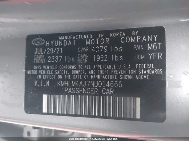 KMHLM4AJ7NU014666 Hyundai Elantra Hybrid Blue