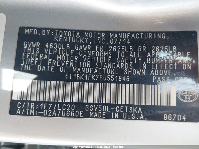 4T1BK1FK7EU551846 Toyota Camry Se V6