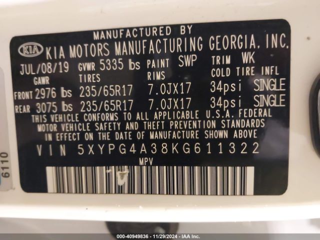 5XYPG4A38KG611322 KIA Sorento 2.4l L