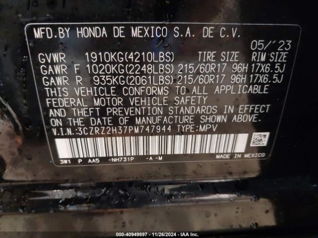 3CZRZ2H37PM747944 Honda Hr-v Awd Lx