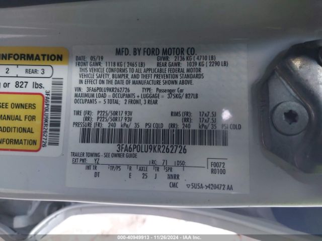 3FA6P0LU9KR262726 Ford Fusion Hybrid Se