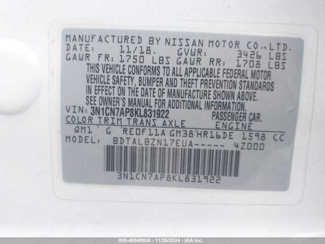 Nissan Versa 1.6 Sv 2019 3N1CN7AP8KL831922 Image 9
