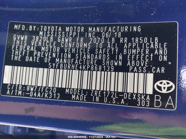 Toyota COROLLA SE 2019 5YFBURHE4KP868139 Image 9