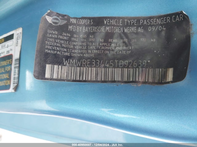 2005 MINI COOPER S WMWRE33445TD92639 Photo 8